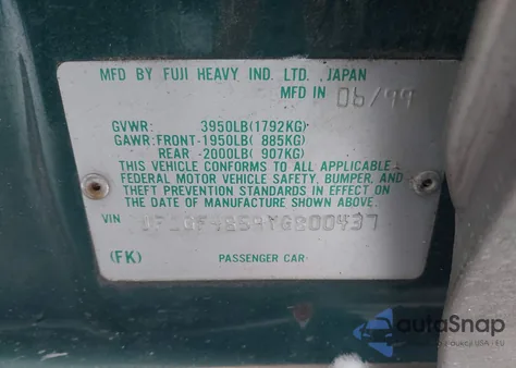 2000 Subaru Outback z USA, uszkodzony, nr VIN JF1GF4859YG800437